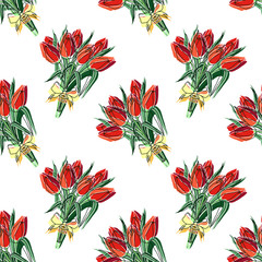 Vector seamless floral pattern. Colored hand drawn flower pattern with tulip bouquet for paper, textile, handmade decoration, scrap-booking, polygraphy, t-shirt, cards.