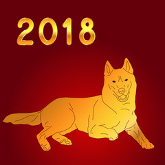 Gold lettering 2018. Yellow earth Dog on a red background. Chinese New Year. Spring Festival. Design concept for cards, invitations, packets, envelopes, astrology calendar. Vector illustration EPS 8