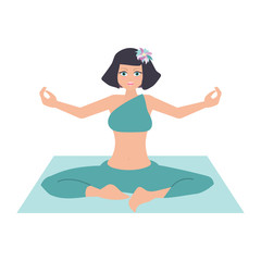 Young beautiful happy girl with a flower in her hair sitting on a mat doing yoga exercises, isolated flat vector illustration - 184470793