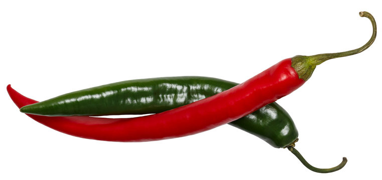 ripe red and green chili pepper on white isolated background