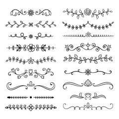 Collection of hand drawn flourish text dividers. Doodle botanical boders for typography design, invitations, greeting cards. Calligraphic and floral design elements.
