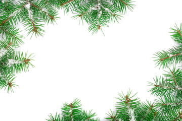 Christmas Frame of Fir tree branch with snow isolated on white background with copy space for your text. Top view