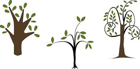 Set of green trees and green leaves - ecology concept, environment protection, organic products and healthy life style.