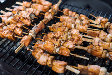 The fish is fried on a grill, a shish kebab from salmon.