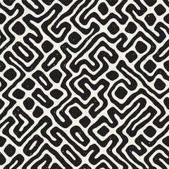 Vector Seamless Black And White Rounded Irregular Maze Pattern. Abstract Hand Drawn Background