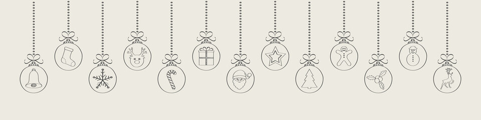 Panoramic Christmas ornaments with hand drawn elements. Vector.