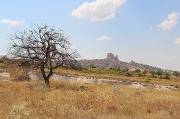 Nature near Uchisar and Goreme villages, Turkey. Rural Cappadocia landscape.