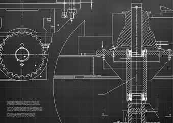 Blueprints. Engineering backgrounds. Mechanical engineering drawings. Cover. Banner. Technical Design. Black. Grid