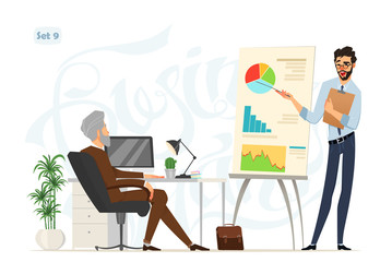 Business meeting. Boss and worker. Worker explains some project results on the board. office style. Business characters with expressions