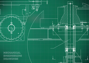 Blueprints. Engineering backgrounds. Mechanical engineering drawings. Cover. Banner. Technical Design. Light green. Grid