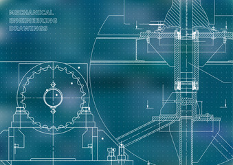 Blueprints. Mechanical construction. Engineering illustrations. Technical Design. Banner. Blue. Points