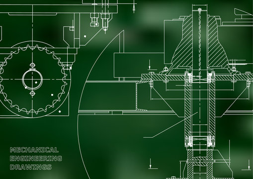 Blueprints. Engineering backgrounds. Mechanical engineering drawings. Cover. Banner. Technical Design. Green
