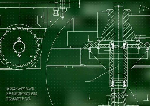 Blueprints. Engineering backgrounds. Mechanical engineering drawings. Cover. Banner. Technical Design. Green. Points