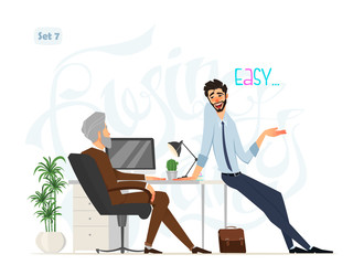 Fototapeta premium Business meeting. Boss and worker. Relaxed worker at boss office. Office style. Business characters with expressions