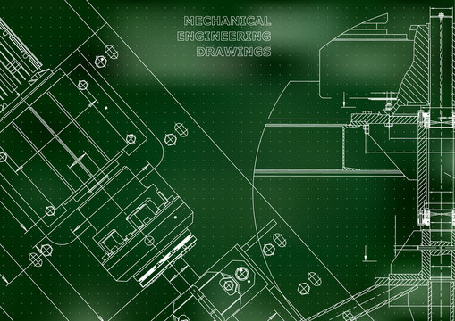Blueprints. Mechanical construction. Technical Design. Cover. Banner. Green. Points