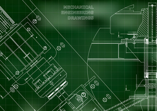 Blueprints. Mechanical construction. Technical Design. Cover. Banner. Green. Grid