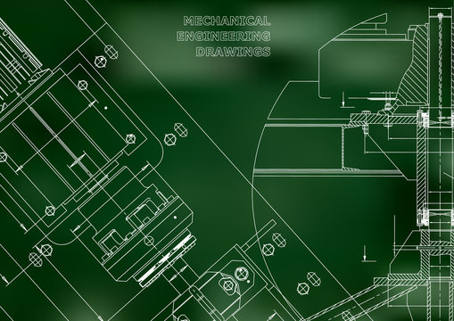 Blueprints. Mechanical construction. Technical Design. Cover. Banner. Green