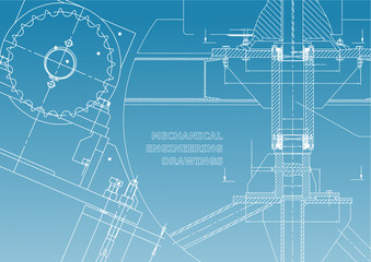 Blueprints. Mechanical construction. Technical Design. Engineering illustrations. Banner. Blue and White