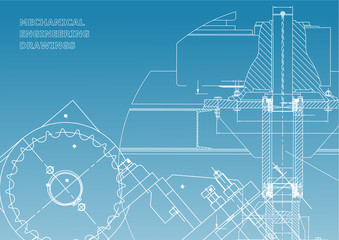 Blueprints. Mechanical drawings. Engineering illustrations. Technical Design. Banner. White and blue