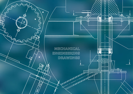 Blueprints. Mechanical construction. Technical Design. Engineering illustrations. Banner. Blue