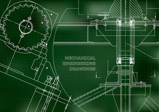 Blueprints. Mechanical construction. Technical Design. Engineering illustrations. Banner. Green. Points