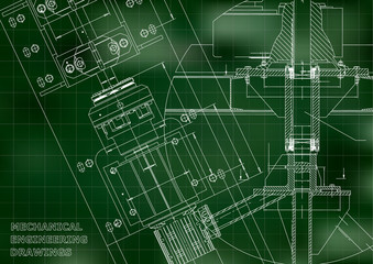 Blueprints. Mechanical engineering drawings. Technical Design. Cover. Banner. Green. Grid