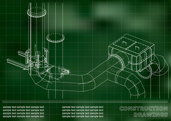 Construction drawings. 3D metal construction. Pipes, piping. Cover, background for text. Green. Grid