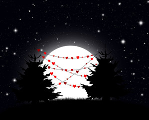 Trees with hearts on the background of the moon. Valentine's Day