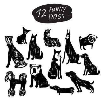 Vector dog icon set: terrier, shepherd, labrador, bulldog, pug, husky, poodle, doberman, dachshund. Black and white isolated icons for polygraphy, web design, logo, app, UI.