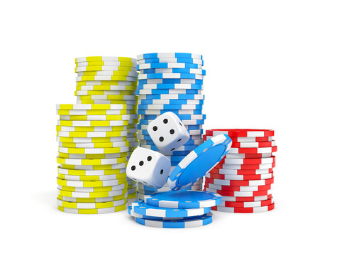 3d rendering of four different ace cards with casino chip stacks and white dice.