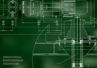 Engineering backgrounds. Mechanical engineering drawings. Technical Design. Blueprints. Green