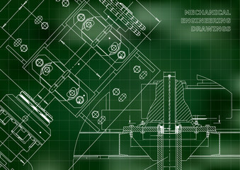 Engineering backgrounds. Technical Design. Mechanical engineering drawings. Blueprints. Green. Grid