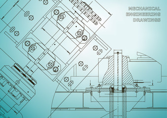 Engineering backgrounds. Technical Design. Mechanical engineering drawings. Blueprints. Light blue