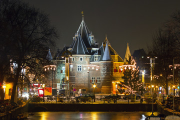 Christmas time on the Nieuwmarkt in Amsterdam at night in the Netherlands