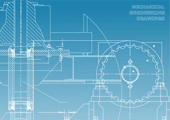 Engineering illustrations. Blueprints. Mechanical drawings. Technical Design. Banner. Blue and White