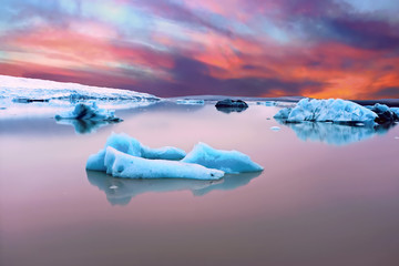 Solheimajokull Glacier in Iceland at sunset