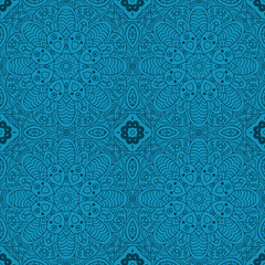 Mandala doodle drawing. floral seamless ornament. Ethnic motifs. Zentangle. Blue. Vector