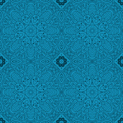 Mandala doodle drawing. floral seamless ornament. Ethnic motifs. Zentangle. Blue. Vector