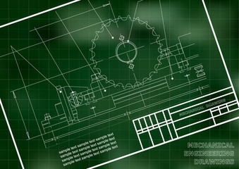 Mechanical drawings on a  white background. Engineering illustration. Frame. Green. Grid