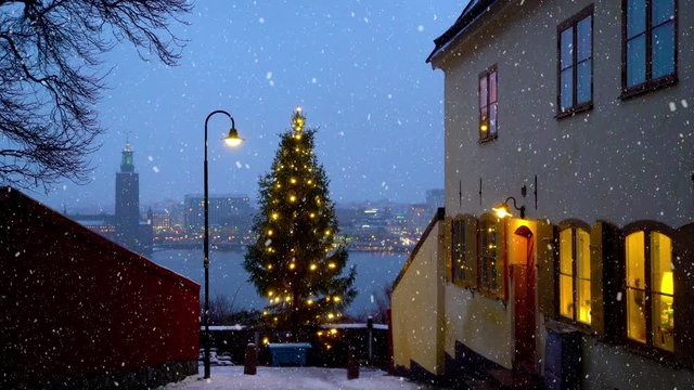 View of Stockholm and the city hall from the Maria mountain at christmas time