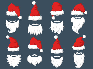Set of Red hats and beards of Santa Claus.