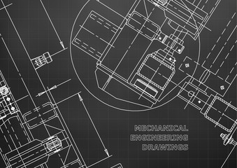 Mechanical Engineering drawing. Blueprints. Mechanics. Cover, background, banner. Black. Grid