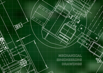 Mechanical Engineering drawing. Blueprints. Mechanics. Cover, background, banner. Green. Grid