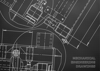 Mechanical Engineering drawing. Blueprints. Mechanics. Cover. Engineering design. Black. Points