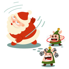 Santa Claus and cute elves involved in fitness and sports. Vector cartoon character isolated on a white background.