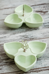 Vintage Green Porcelain Serving Dish with Metal Handle