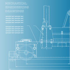 Mechanical engineering drawings on a blue and white background