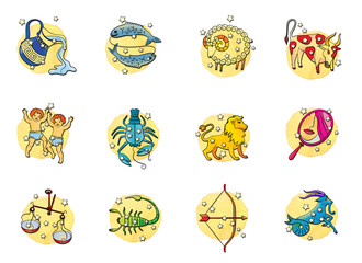 Fototapeta premium Set of twelve signs of the zodiac circle, isolated on a watercolour background