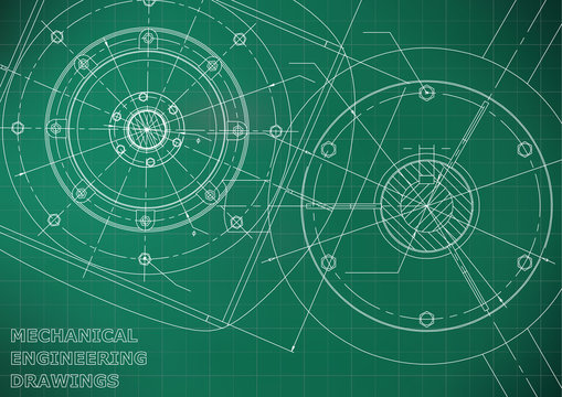 Mechanical engineering drawings. Vector background. Light green. Grid