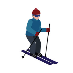 Isometric isolated man skiing. Cross country skiing, winter sport. Olimpic games, recreation lifestyle, activity speed extreme